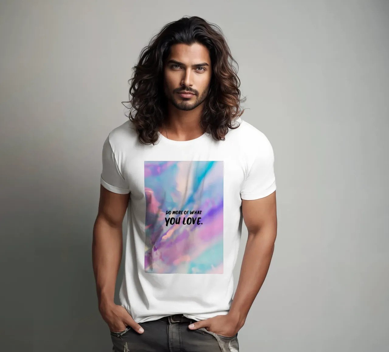 "Fai di più di ciò che ami" Stampa olografica a gradiente t-shirt da homdeco