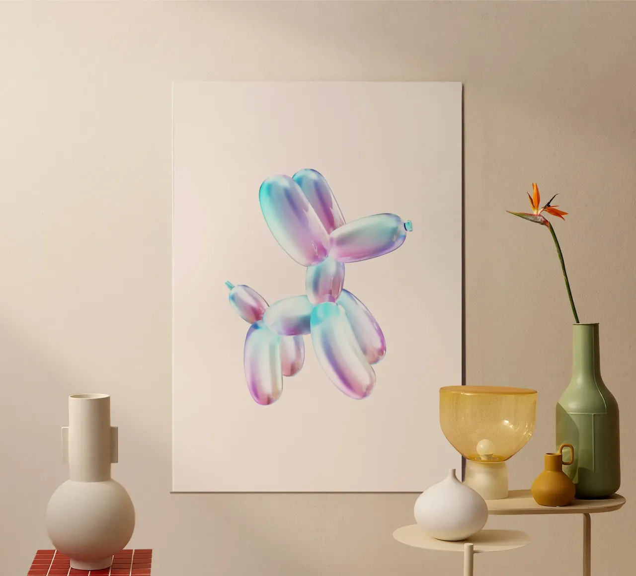 Scultura pop art di cane con palloncino iridescente alluminio dibond da homdeco