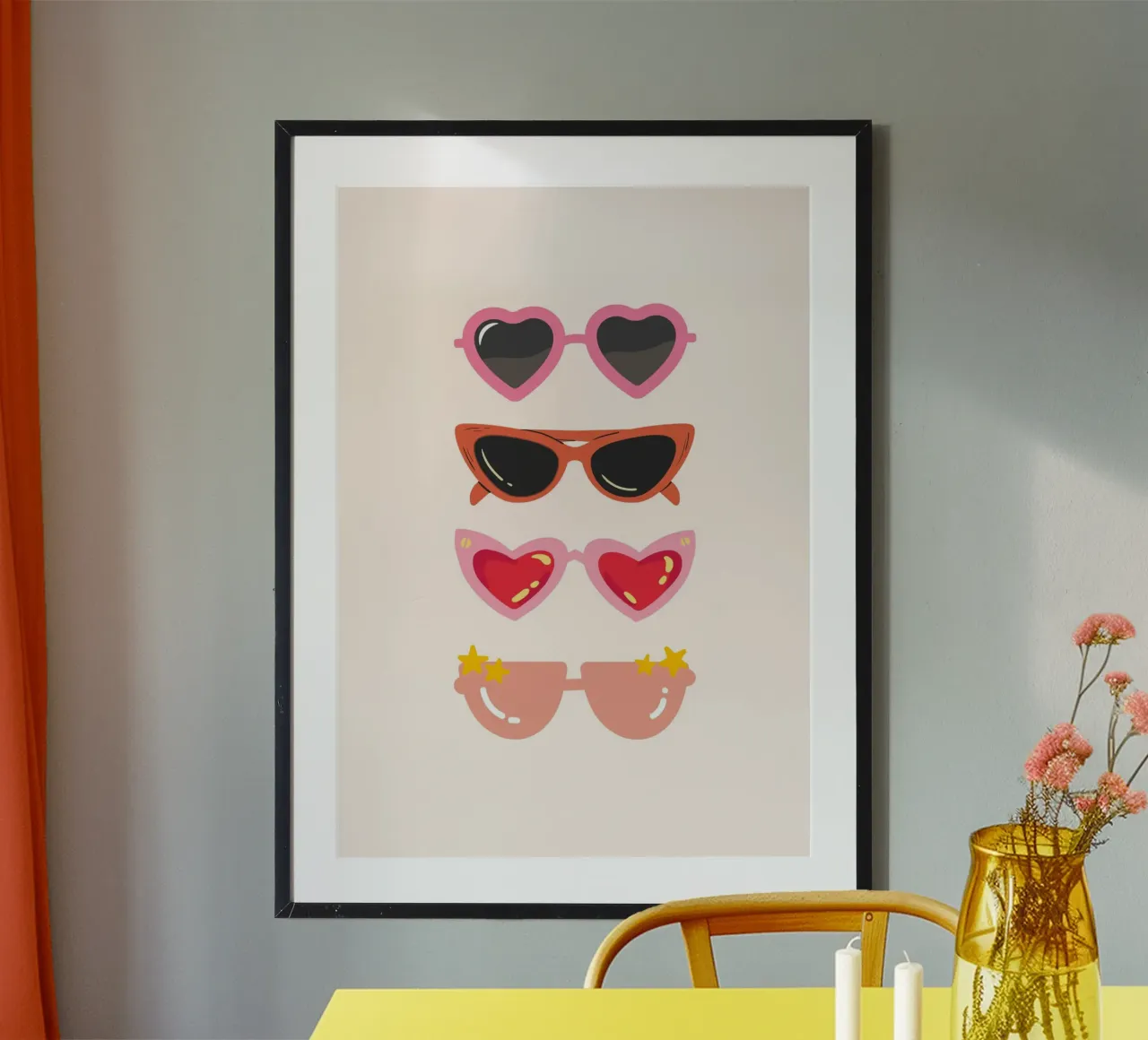 Retro-Sonnenbrille Stack Ästhetischer Pop-Art-Druck Poster mit Holzrahmen von homdeco