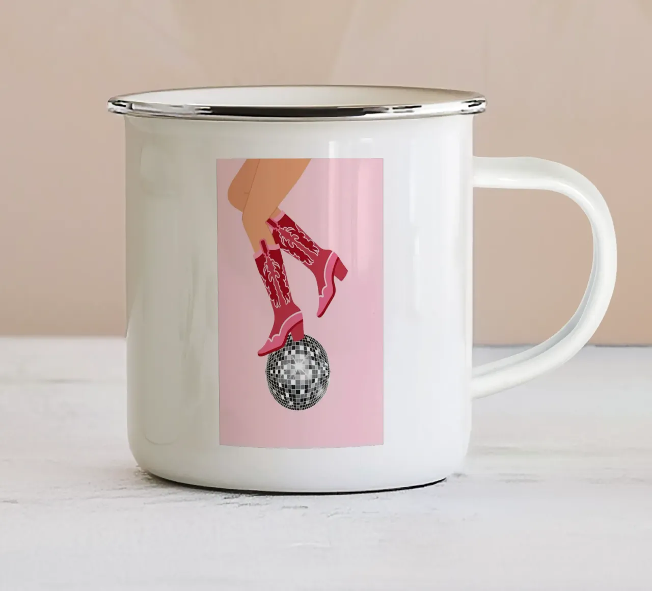 Pink Cowgirl Boots Disco Ball Barbiecore Print enamel mug by homdeco