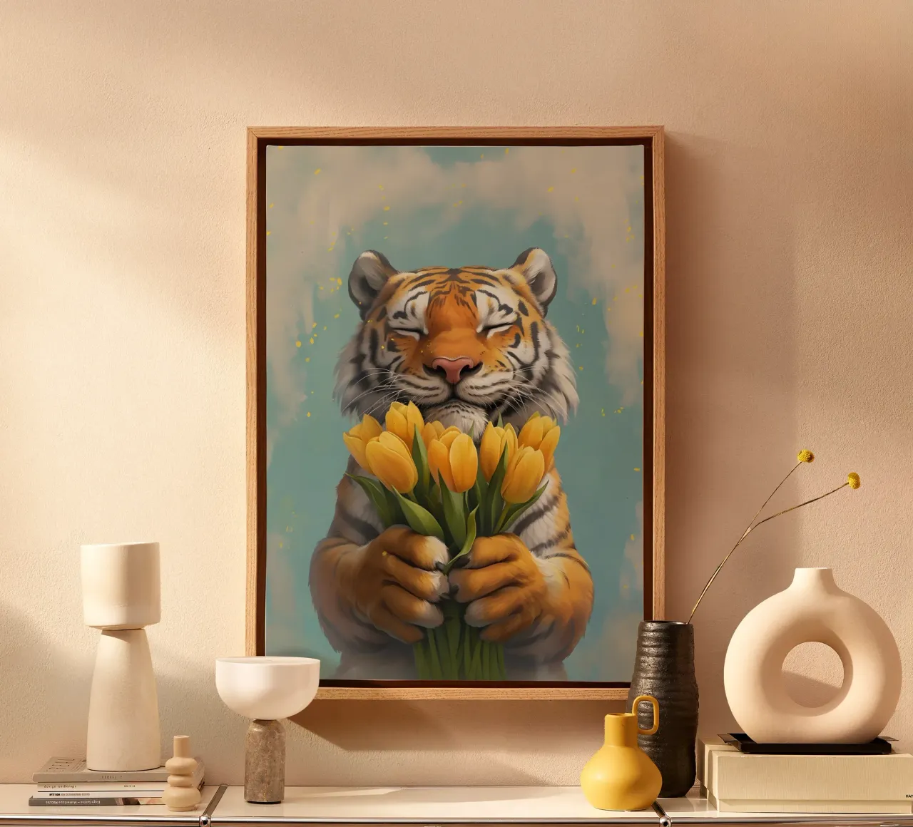 Zachte tijger met gele tulpen - Grillige kunstdruk canvas met Baklijst van homdeco