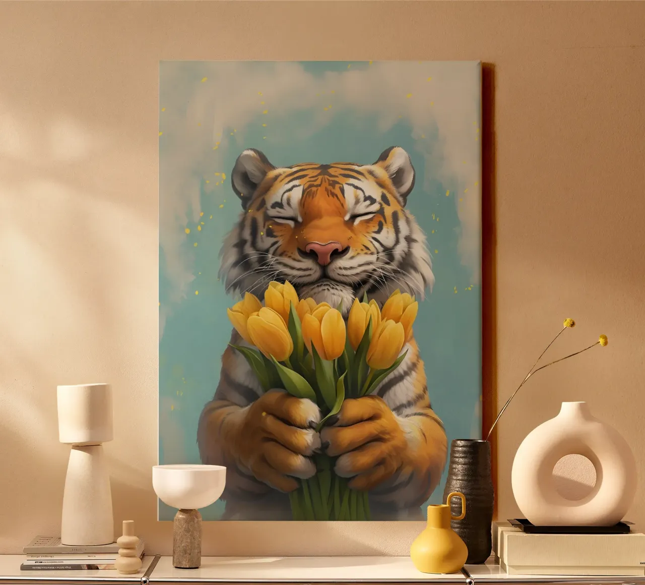 Zachte tijger met gele tulpen - Grillige kunstdruk canvas met Baklijst van homdeco