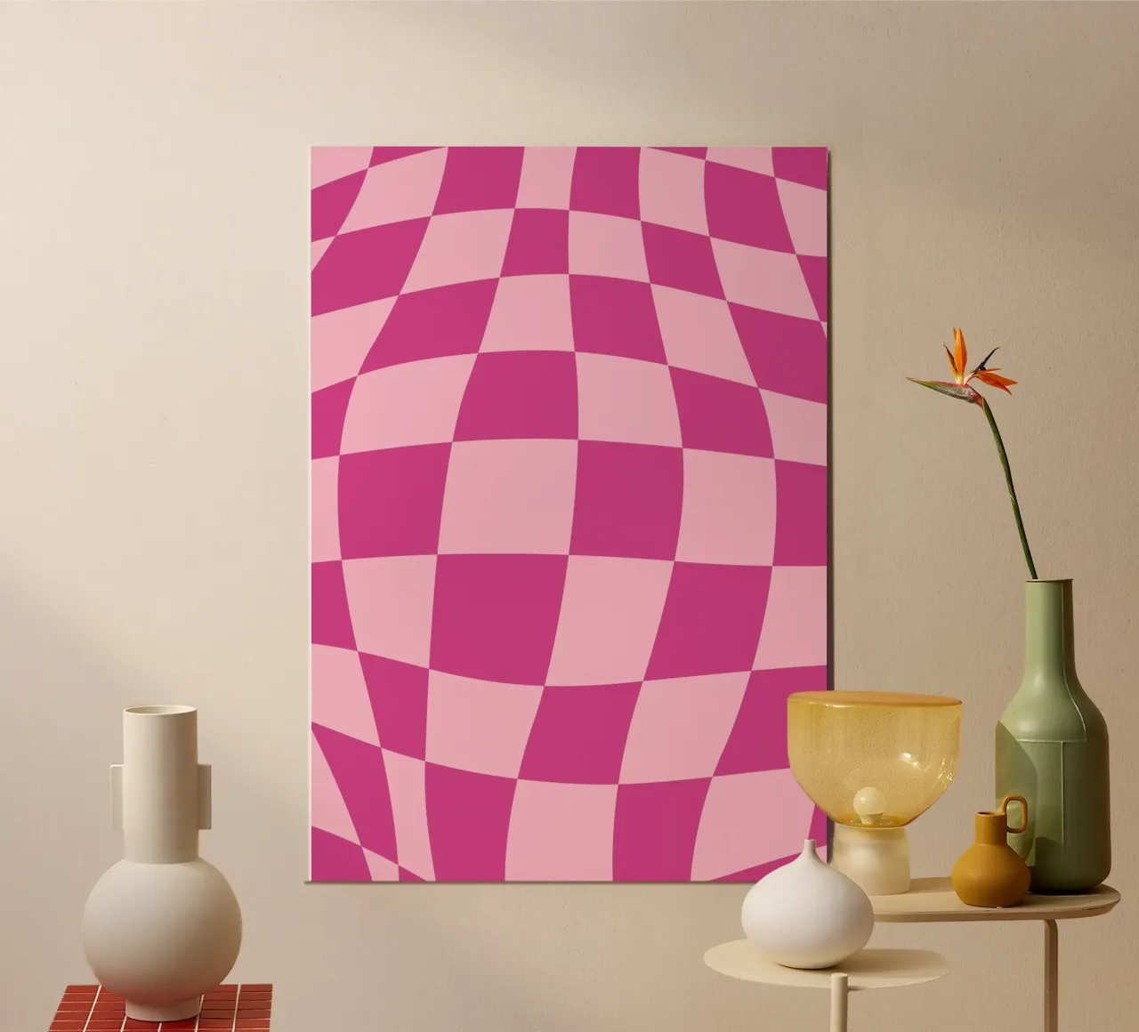 Wavy Pink Checkered Pattern Retro Aesthetic Print forex plate by homdeco