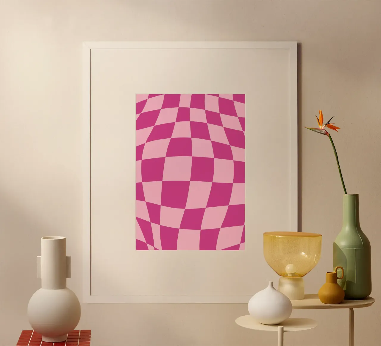 Wavy Pink Checkered Pattern Retro Aesthetic Print hahnemühle by homdeco