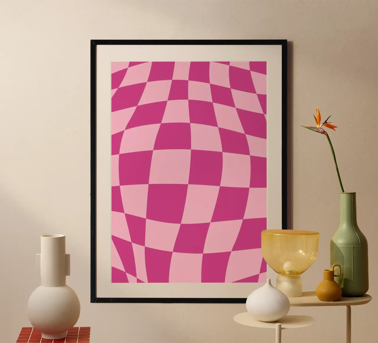 Wavy Pink Checkered Pattern Retro Aesthetic Print hahnemühle by homdeco