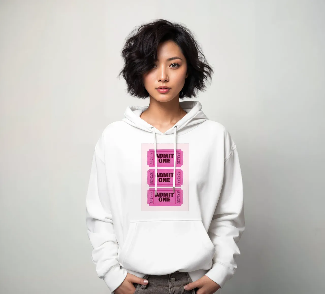 Admit One Pink Retro Ticket Pop Art Print sudadera con capucha de homdeco