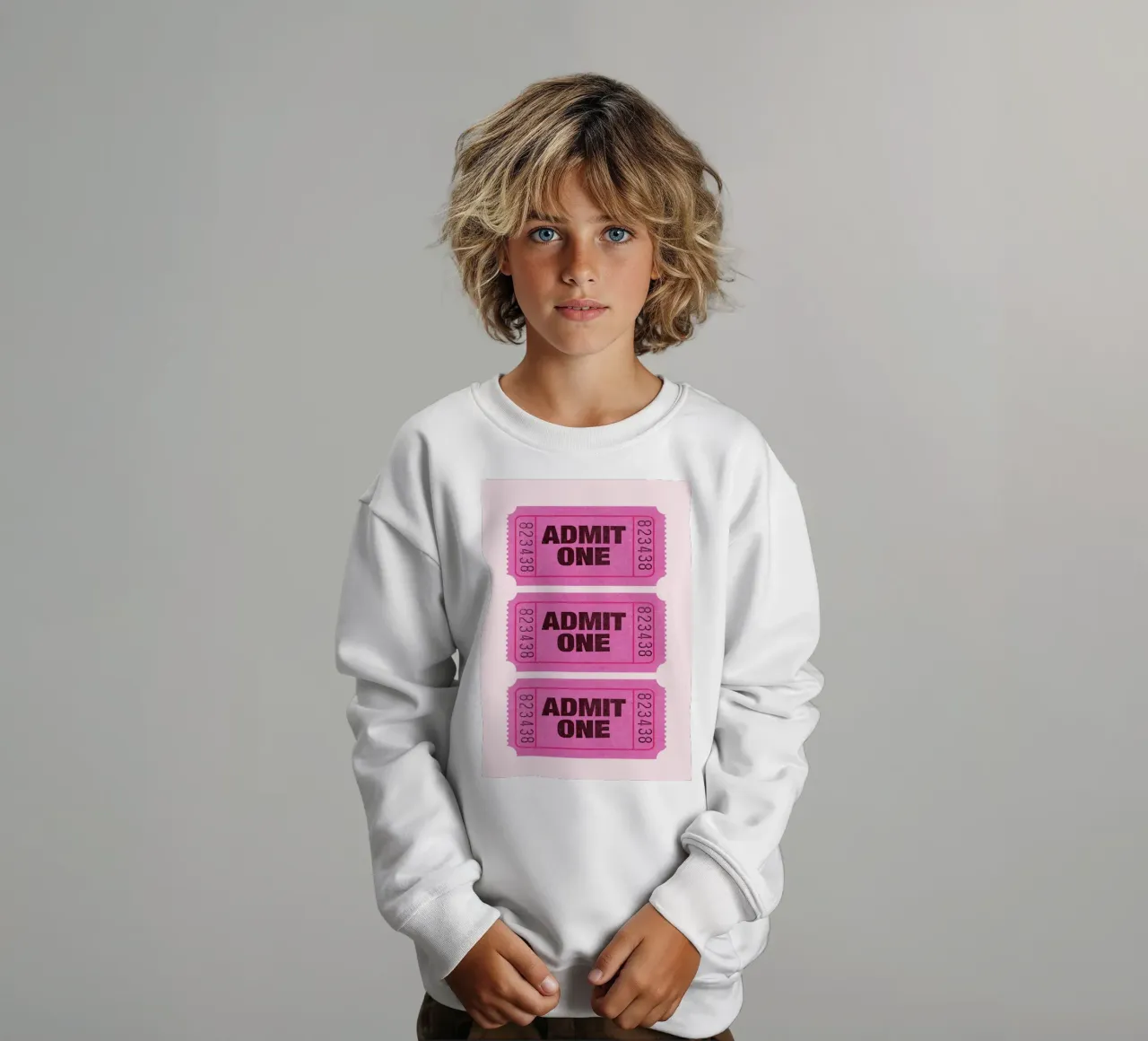 Admit One Pink Retro Ticket Pop Art Print sudadera para niño de homdeco
