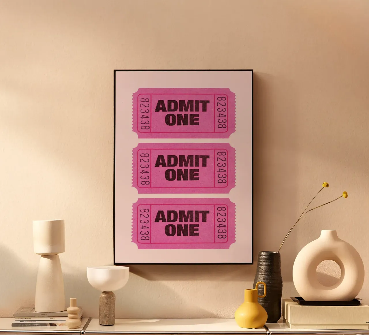 Admit One Pink Retro Ticket Pop Art Print metacrilato de homdeco