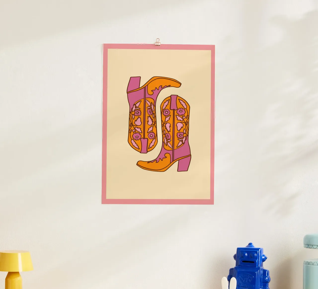 Groovy Floral Cowboy Boots Retro Pop Art Print poster con marco de plástico de homdeco