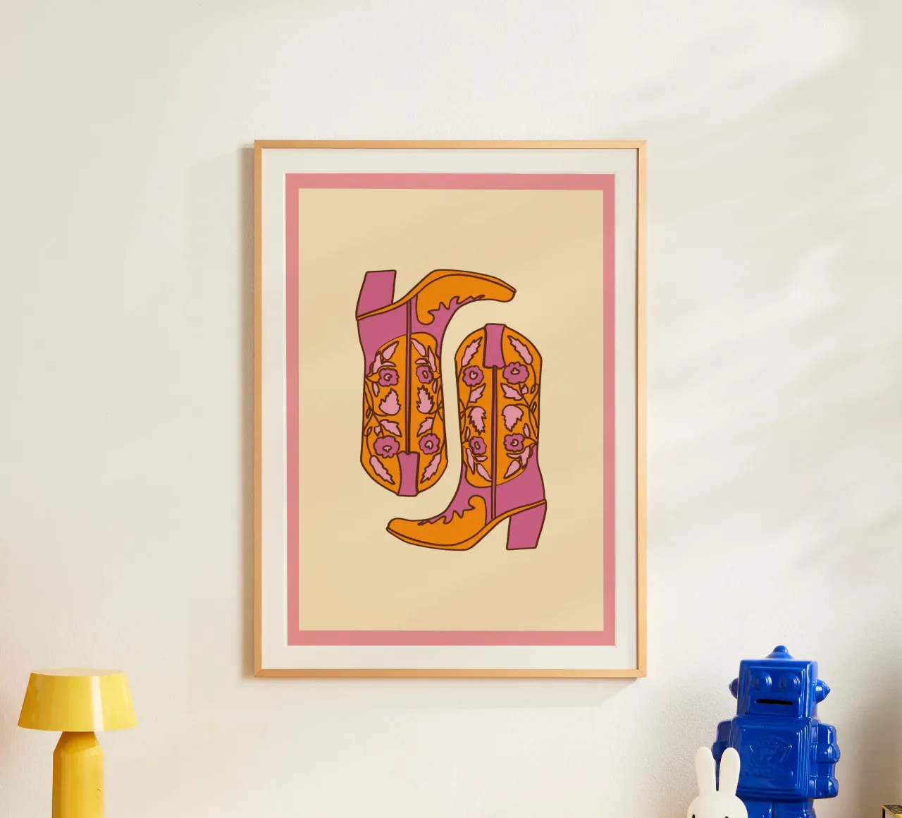 Groovy Floral Cowboy Boots Retro Pop Art Print poster con marco de plástico de homdeco