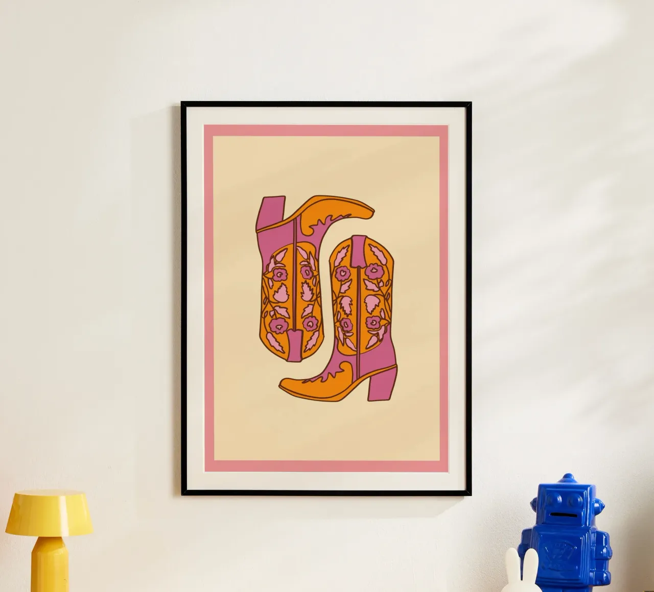 Groovy Floral Cowboy Boots Retro Pop Art Print poster con marco de plástico de homdeco