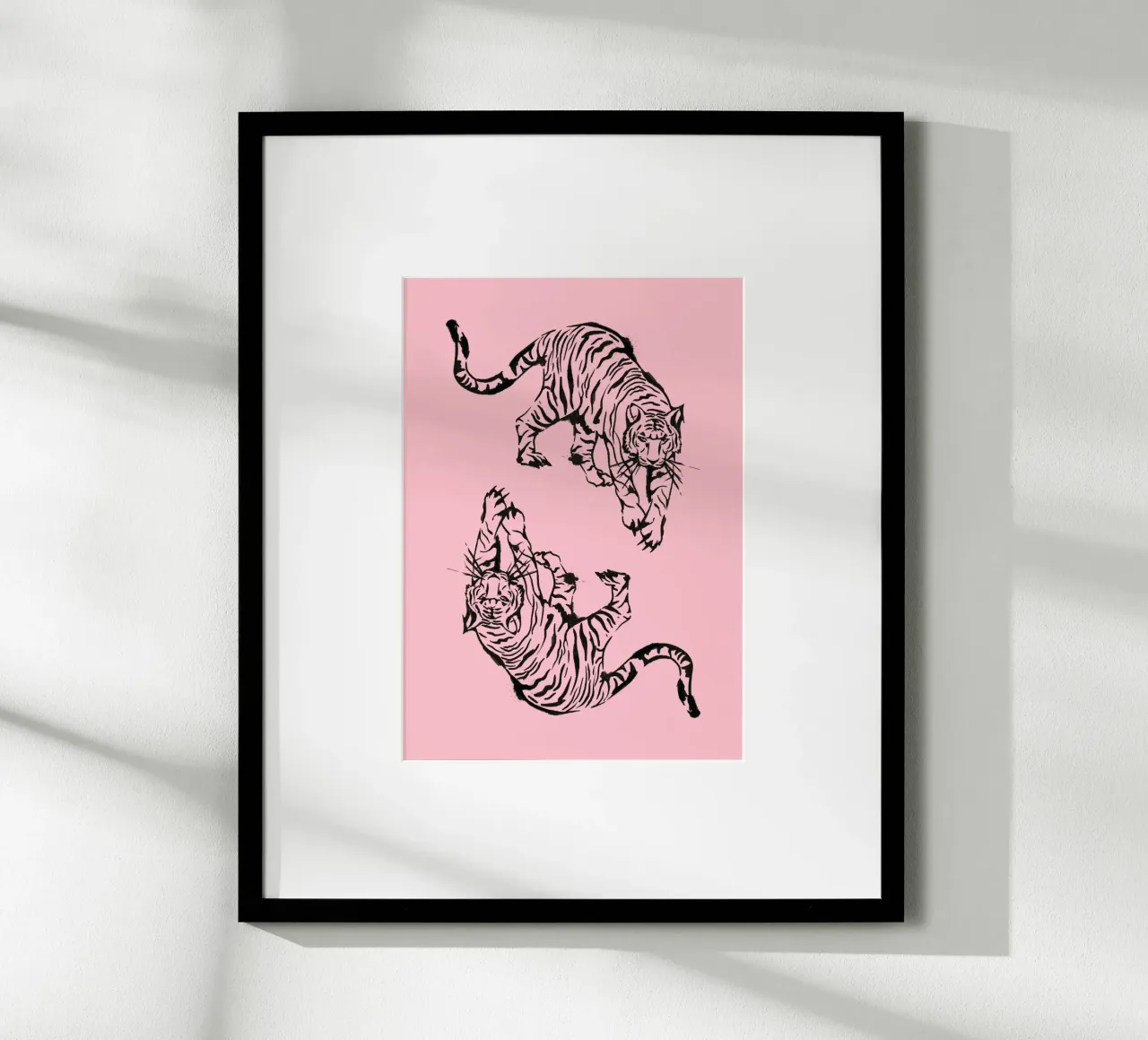 Pink Tiger Duo: Modern Minimalist Japanese Ink Art Print Poster mit Kunststoffrahmen von homdeco