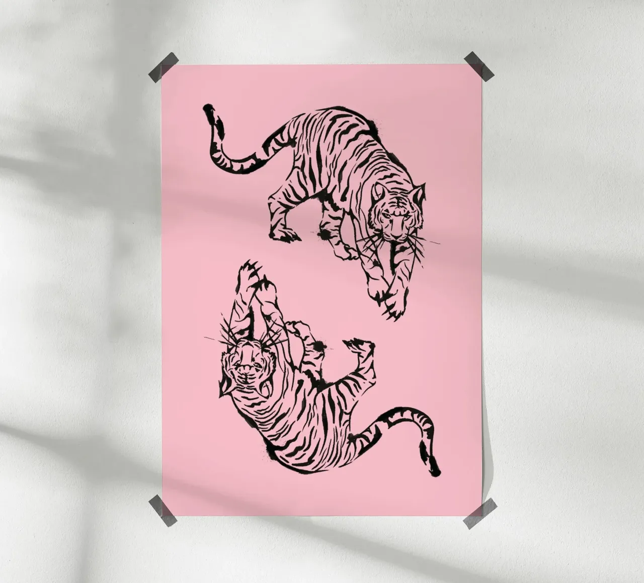 Pink Tiger Duo: Modern Minimalist Japanese Ink Art Print Poster mit Kunststoffrahmen von homdeco