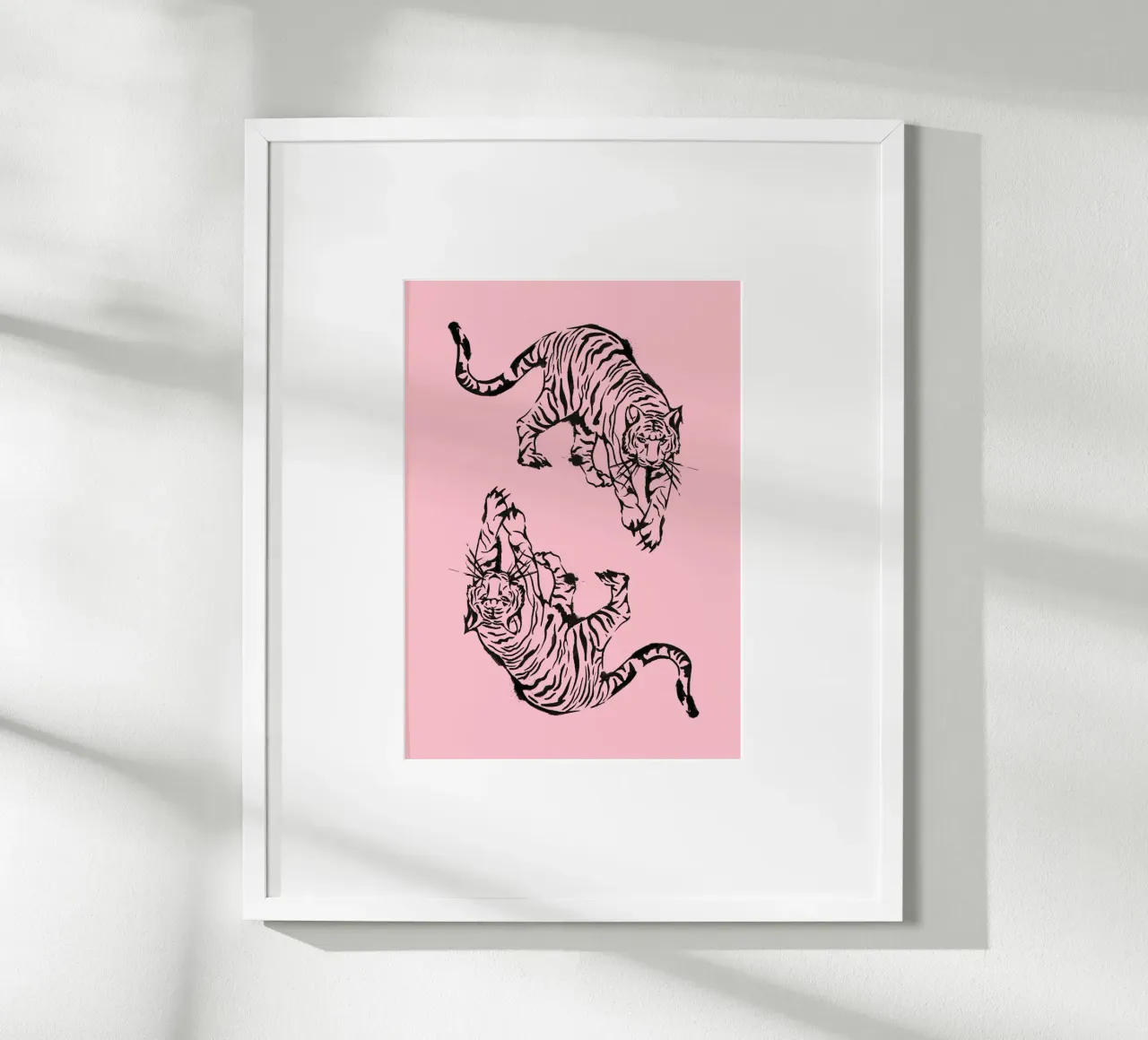 Pink Tiger Duo: Modern Minimalist Japanese Ink Art Print Poster mit Kunststoffrahmen von homdeco