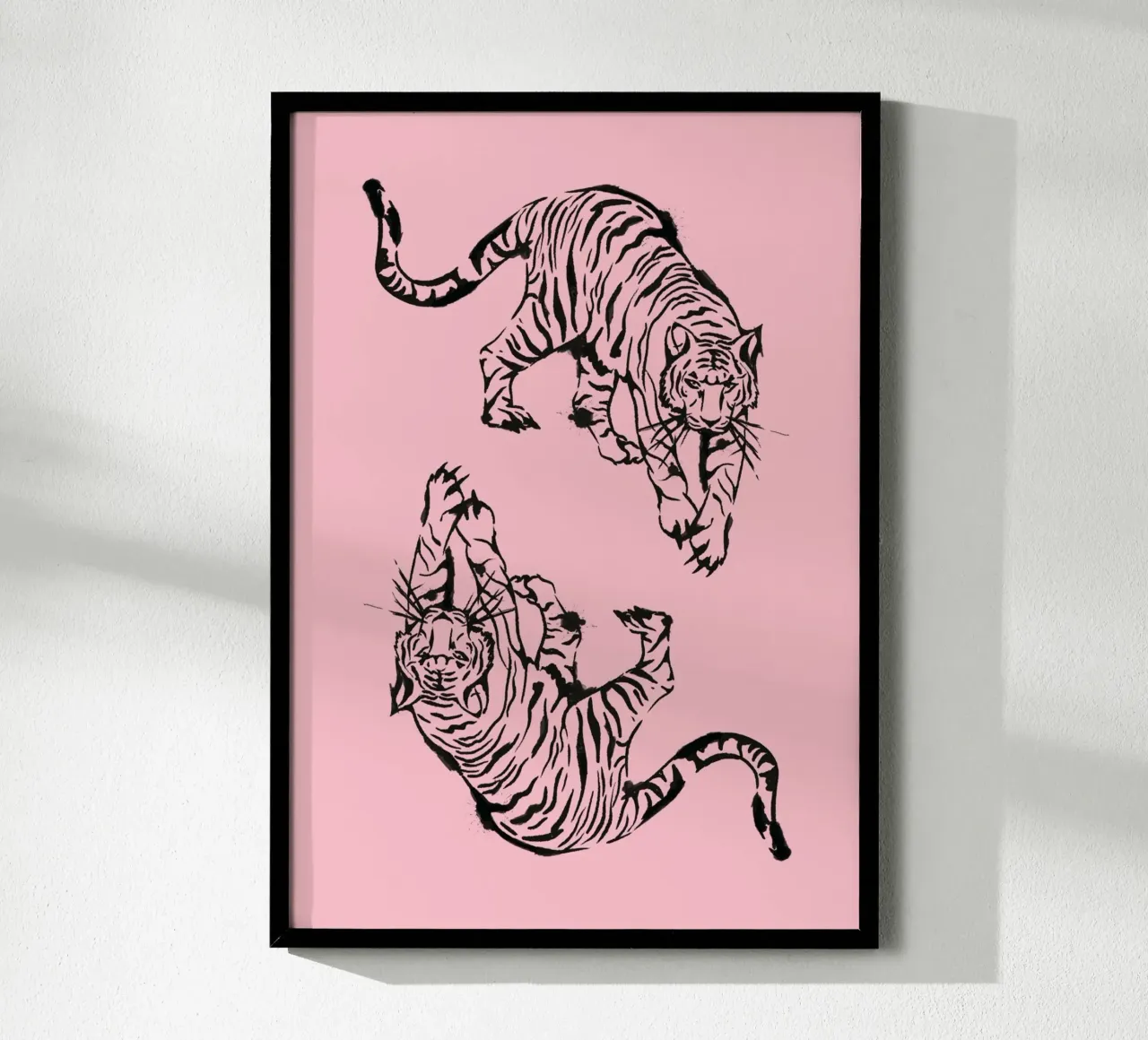 Pink Tiger Duo: Modern Minimalist Japanese Ink Art Print Poster mit Kunststoffrahmen von homdeco