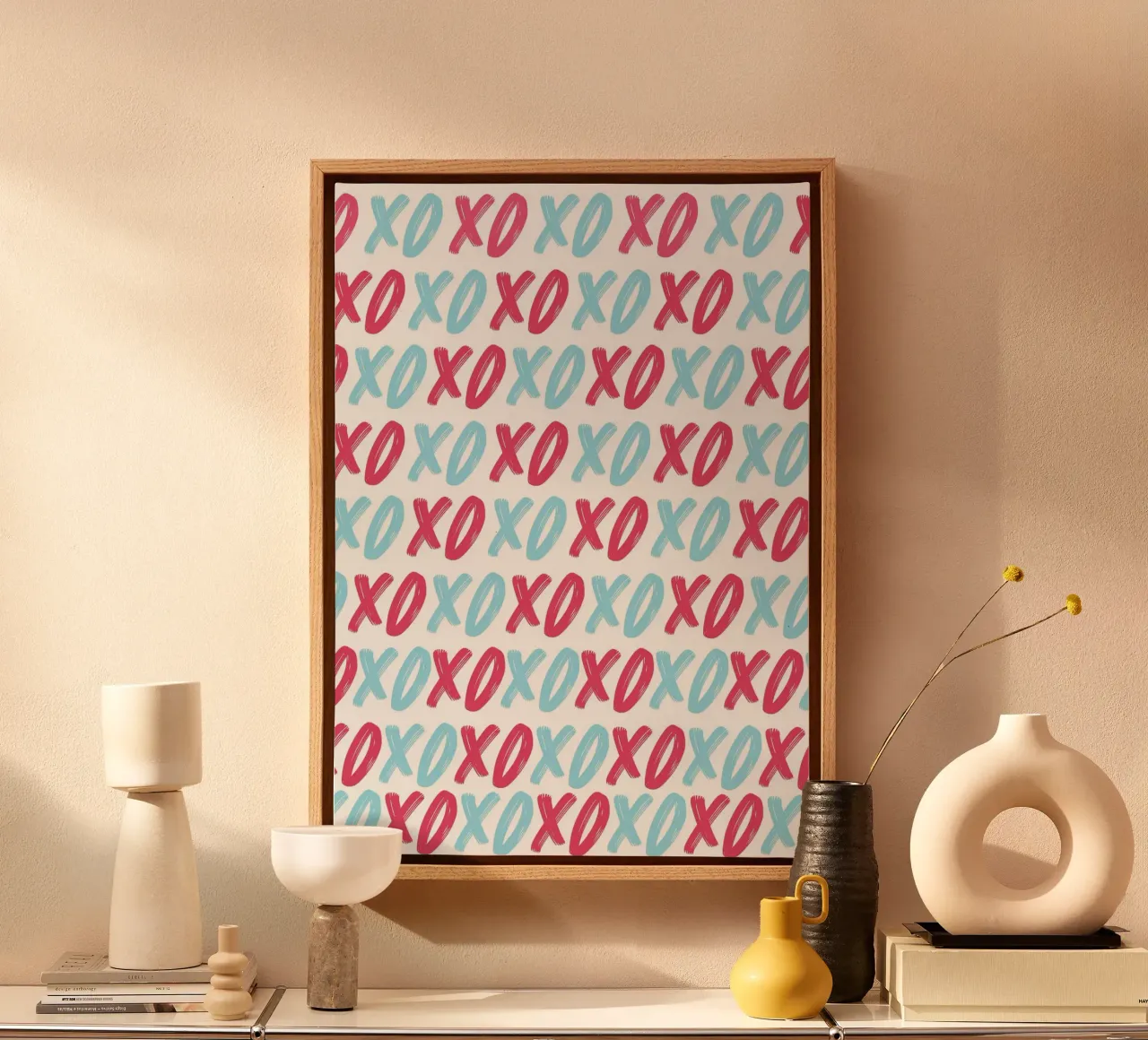 XOXO Liebe Muster: Moderner Pop-Art-Druck in Rot und Blau Leinwand mit Schattenfugenrahmen von homdeco