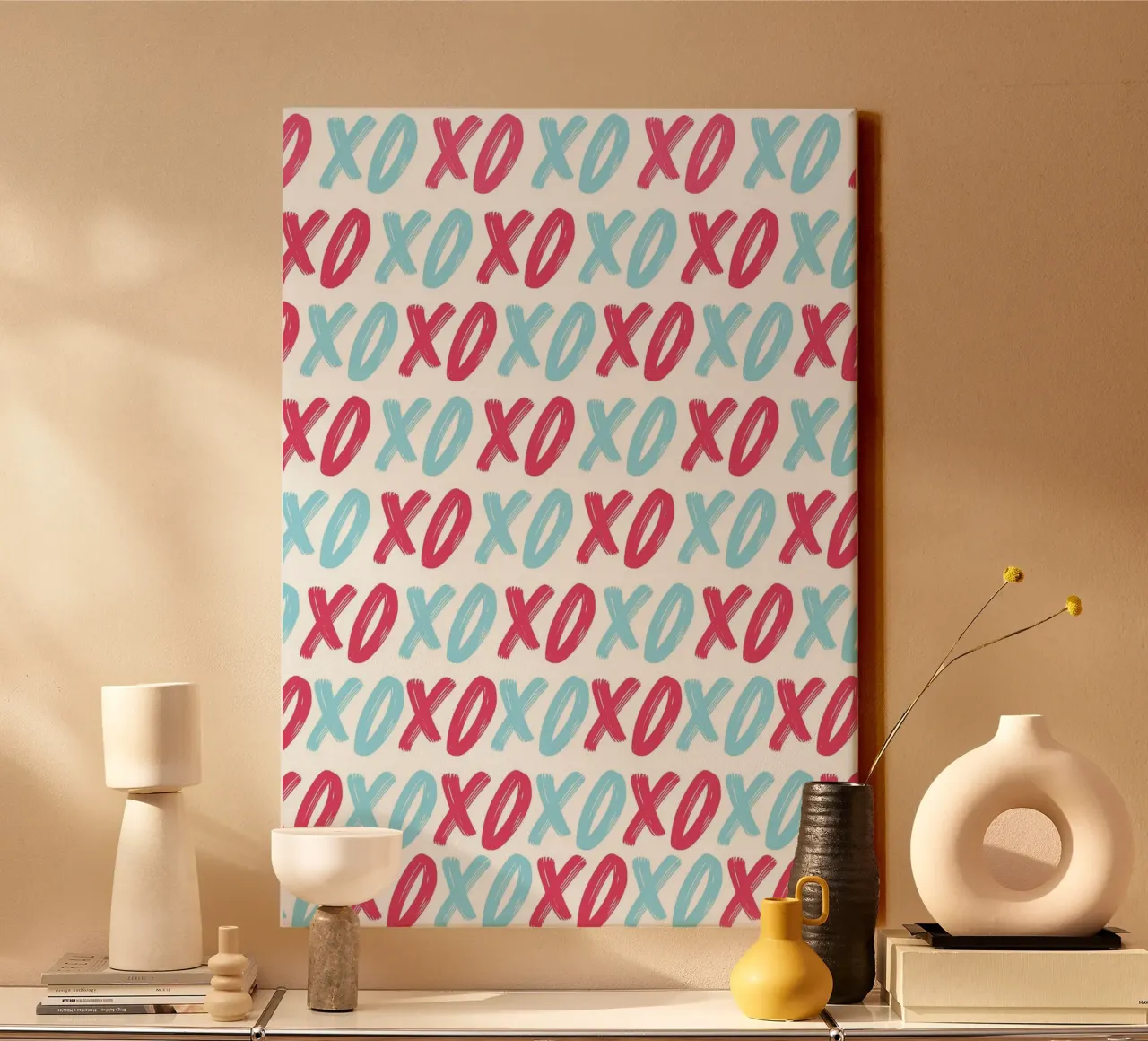 XOXO Liebe Muster: Moderner Pop-Art-Druck in Rot und Blau Leinwand mit Schattenfugenrahmen von homdeco