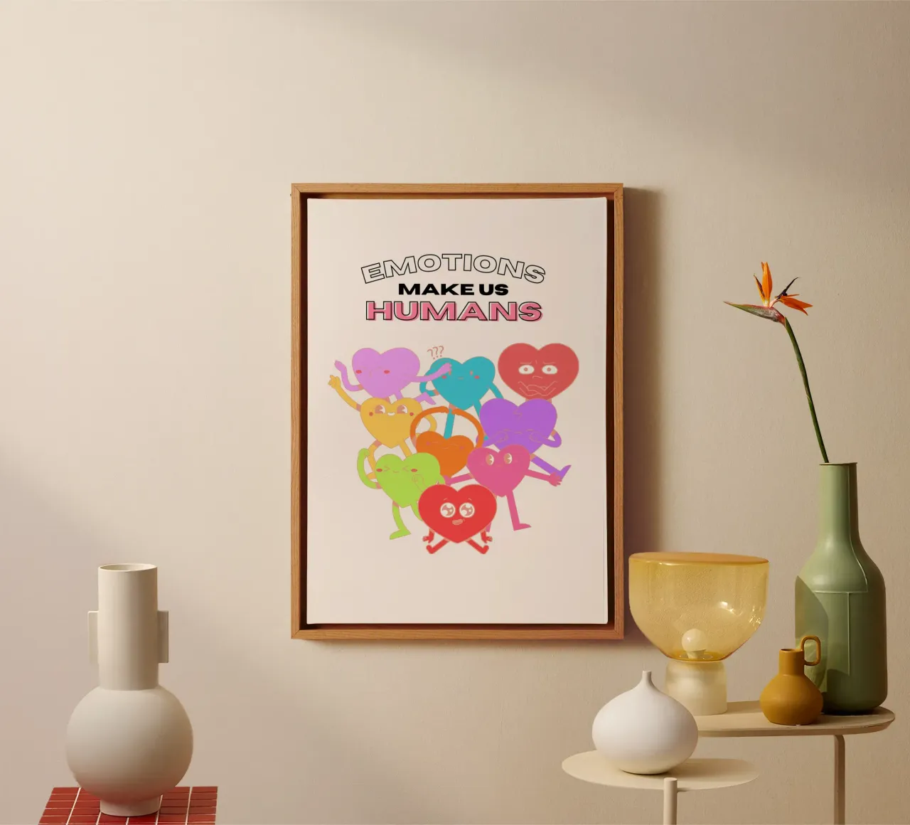 Emoties maken ons mensen: Speelse Hart Karakter Kunst canvas met Baklijst van homdeco