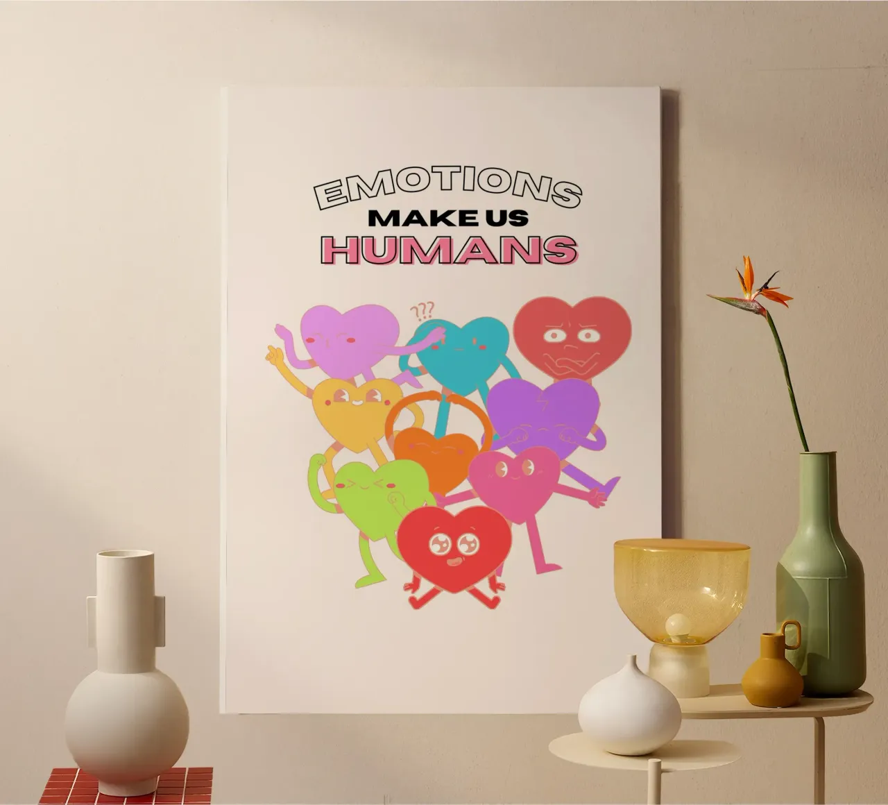 Emoties maken ons mensen: Speelse Hart Karakter Kunst canvas met Baklijst van homdeco