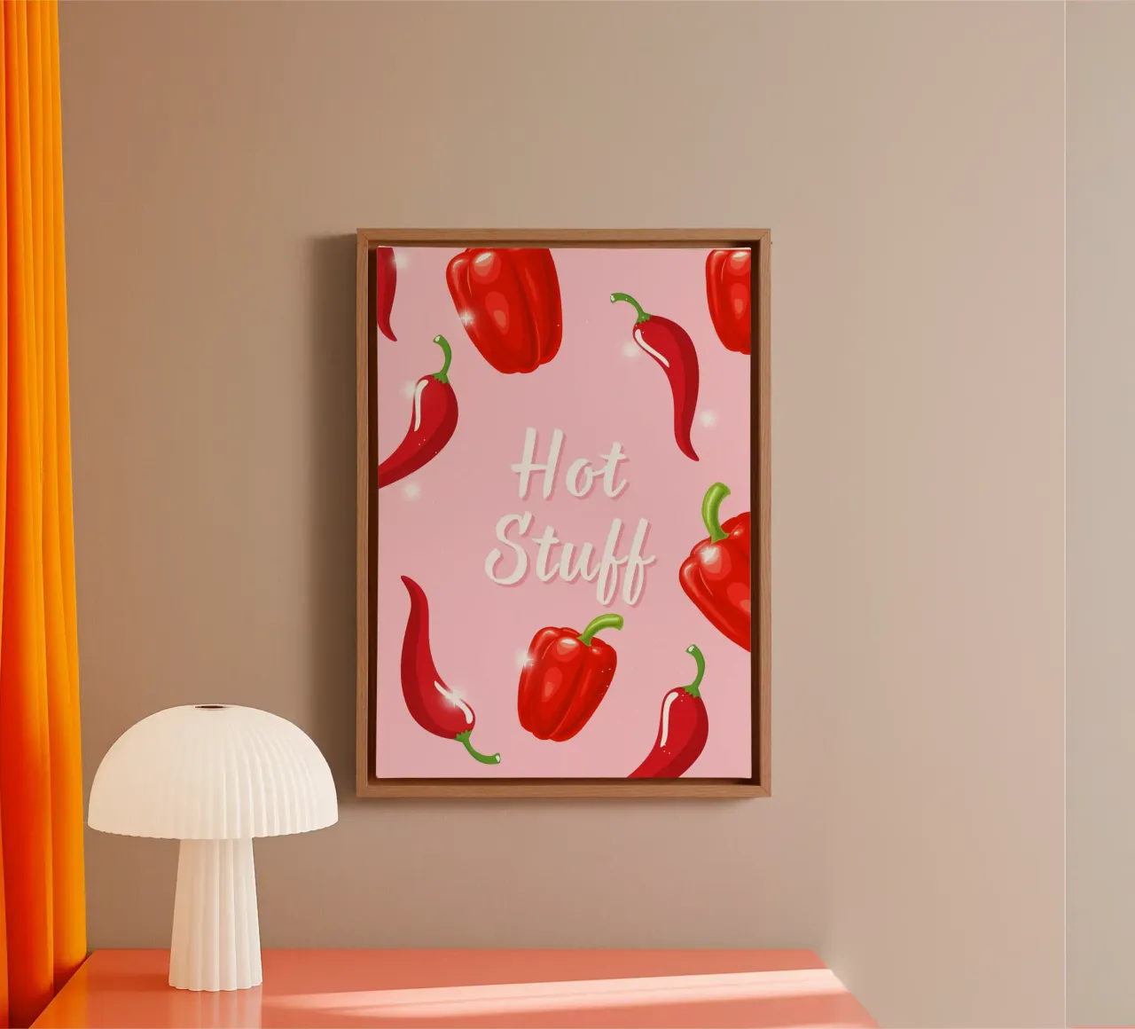 Hot Stuff: Red Peppers Pink Background Pop Art canvas with Floater frame by homdeco