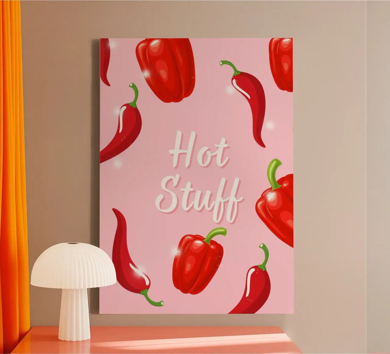 Hot Stuff: Red Peppers Pink Background Pop Art canvas with Floater frame by homdeco