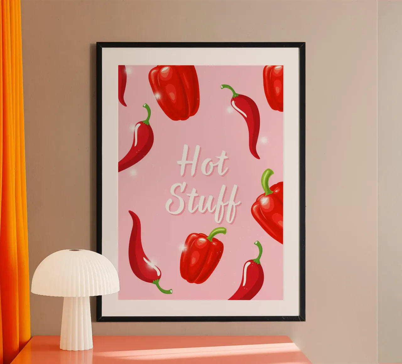 Cosas calientes: Pimientos rojos Fondo rosa Pop Art poster de homdeco