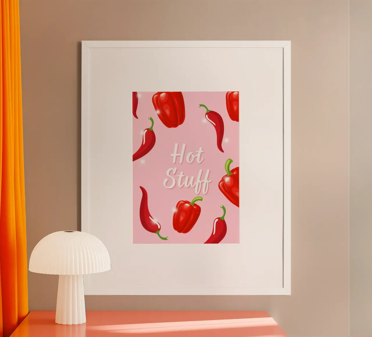 Cosas calientes: Pimientos rojos Fondo rosa Pop Art poster de homdeco