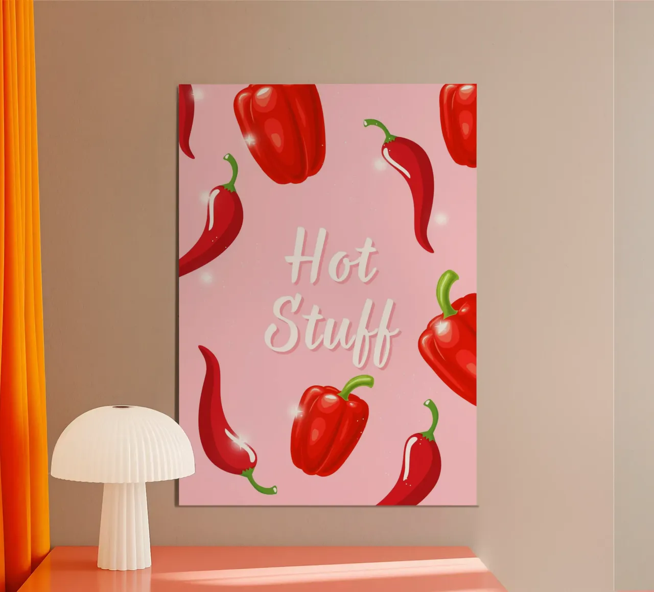 Cosas calientes: Pimientos rojos Fondo rosa Pop Art poster de homdeco