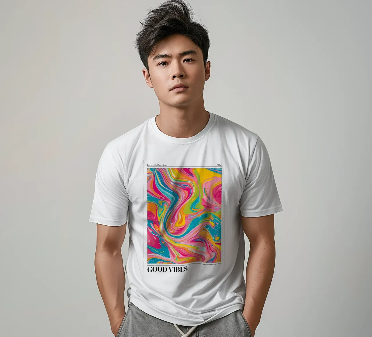 Retro Collectie "Good Vibes" Abstracte Werveling Kunst 2024 t-shirt van homdeco