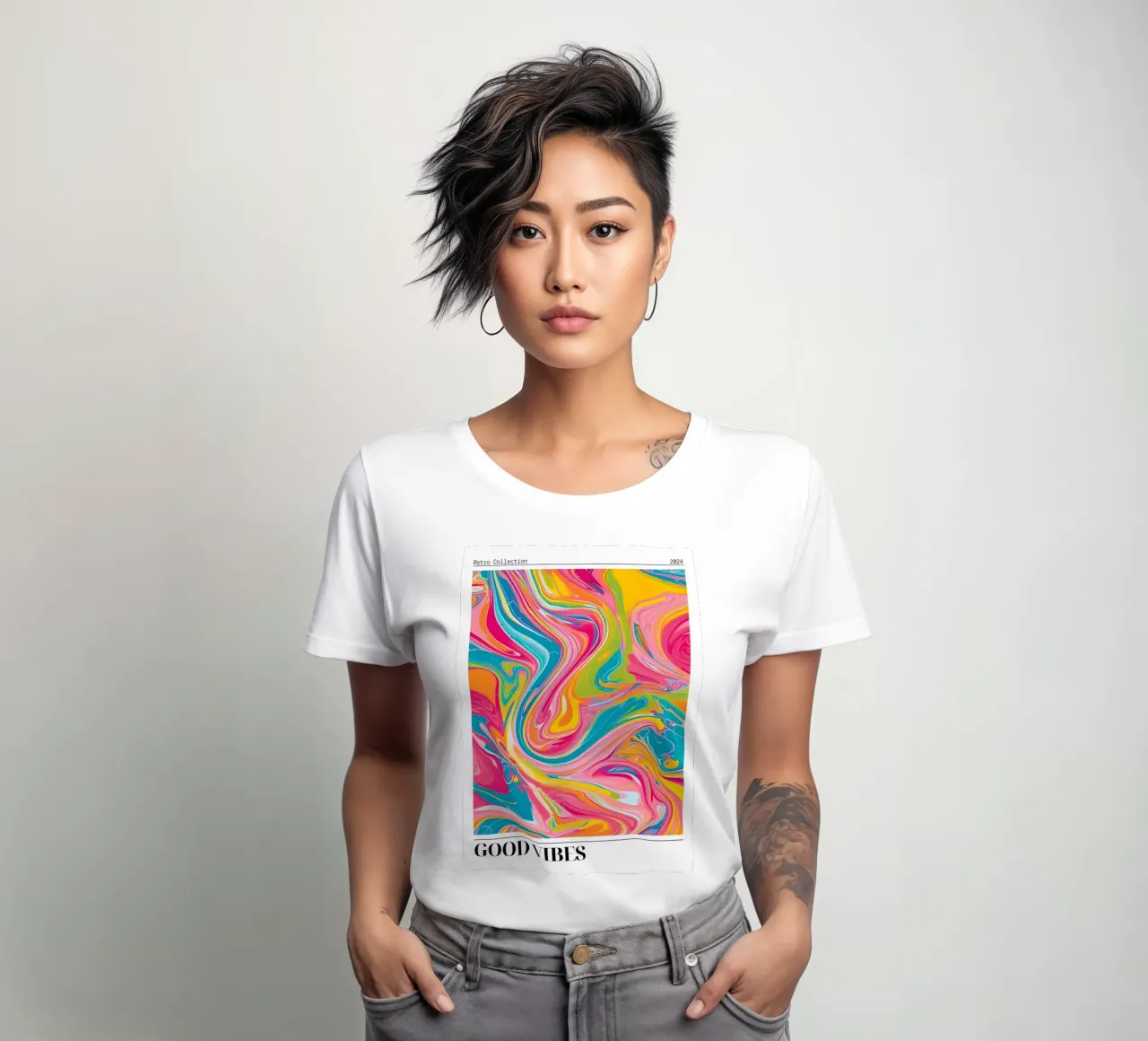 Retro Collectie "Good Vibes" Abstracte Werveling Kunst 2024 dames t-shirt getailleerd van homdeco