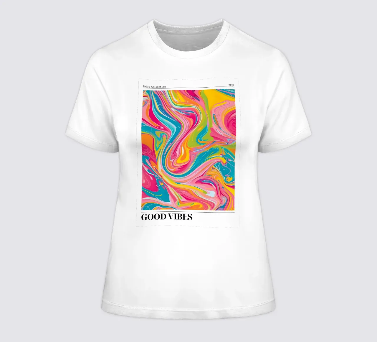 Retro Collectie "Good Vibes" Abstracte Werveling Kunst 2024 dames t-shirt getailleerd van homdeco