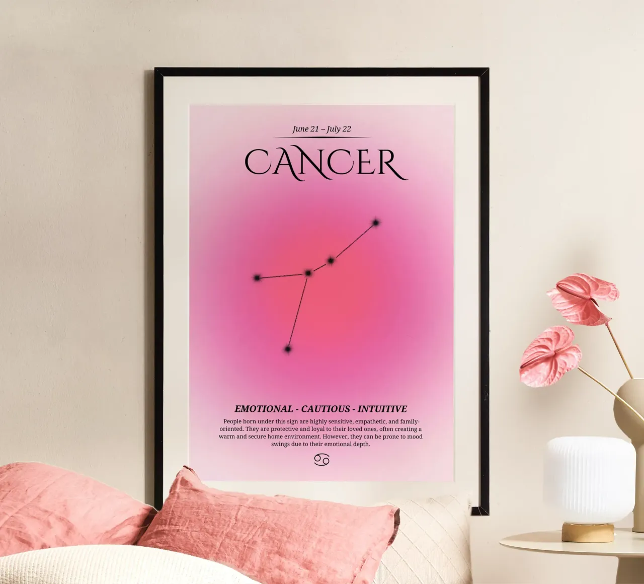 Krebs Tierkreiszeichen Sternbild Rosa Aura Kunstdruck Poster mit Kunststoffrahmen von homdeco