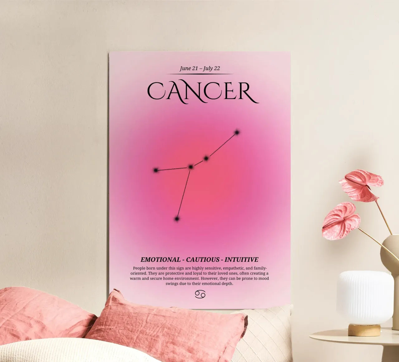 Krebs Tierkreiszeichen Sternbild Rosa Aura Kunstdruck Poster mit Kunststoffrahmen von homdeco