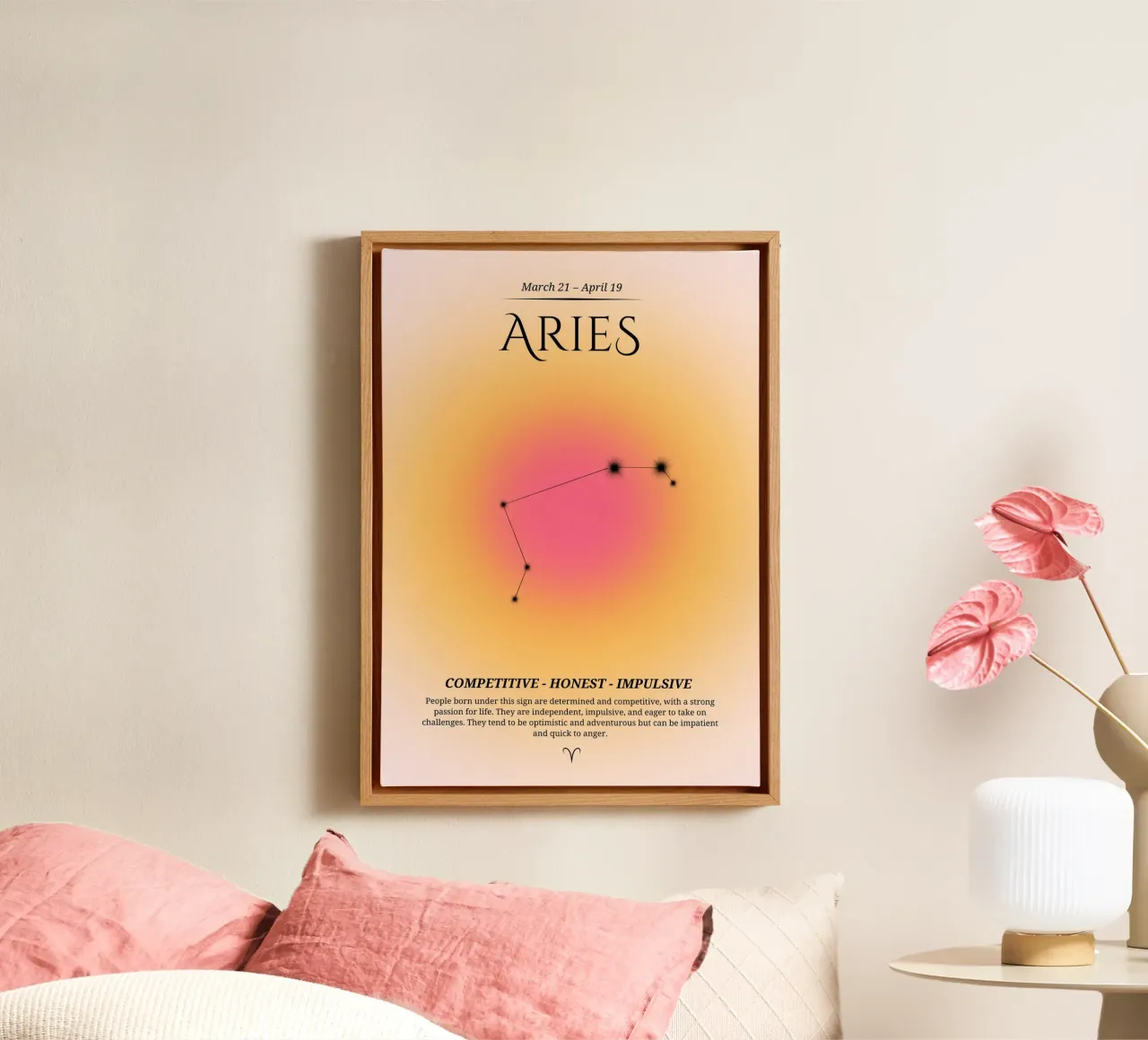 Aries Zodiac Constellation Pink & Orange Aura Print canvas by homdeco