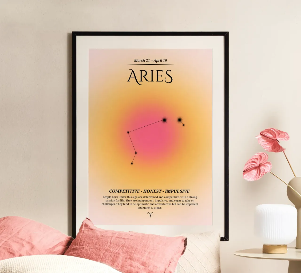 Aries Zodiac Constellation Pink & Orange Aura Print hahnemühle by homdeco