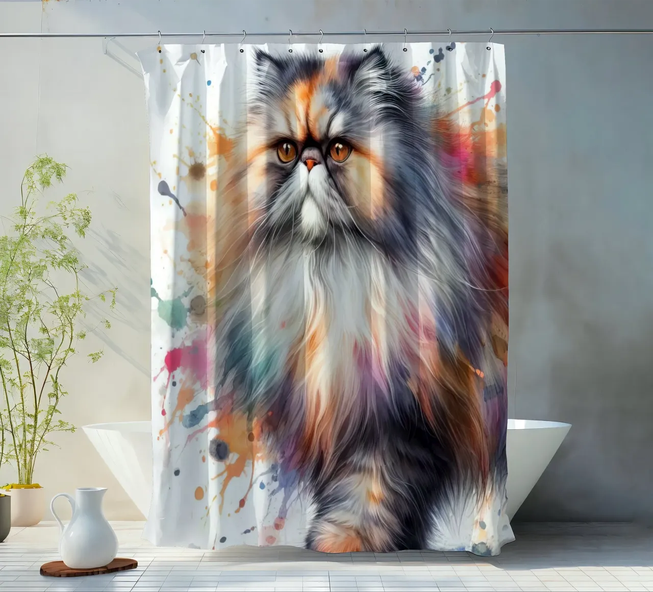 Gatto persiano ad acquerello tenda da doccia da 🥝 KIWI STORE