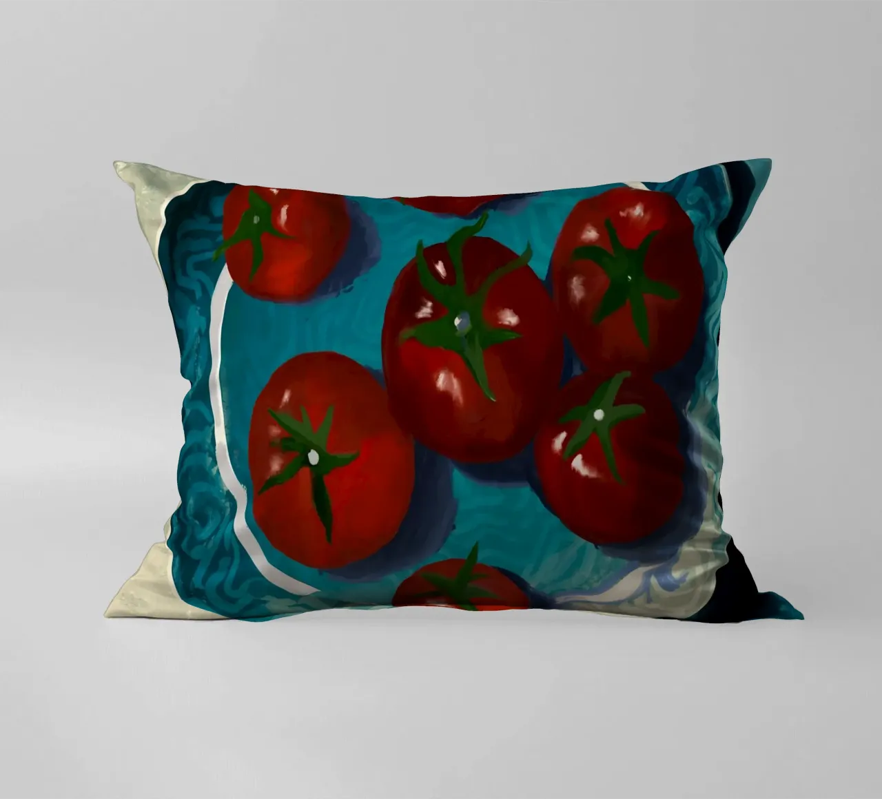 Oil-Painted Tomatoes in a Blue Moroccan Plate Still Life decorative cushion by mysteriouscoco