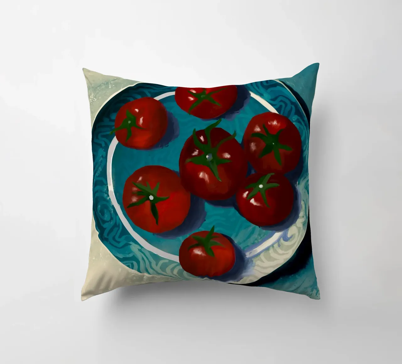 Oil-Painted Tomatoes in a Blue Moroccan Plate Still Life decorative cushion by mysteriouscoco