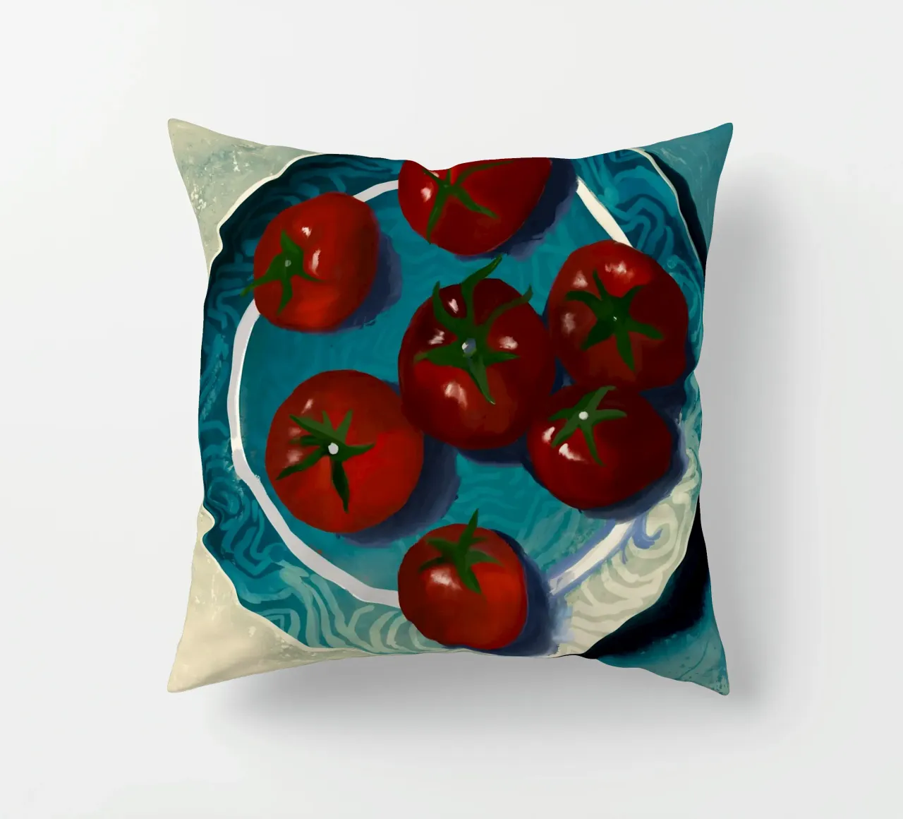 Oil-Painted Tomatoes in a Blue Moroccan Plate Still Life decorative cushion by mysteriouscoco