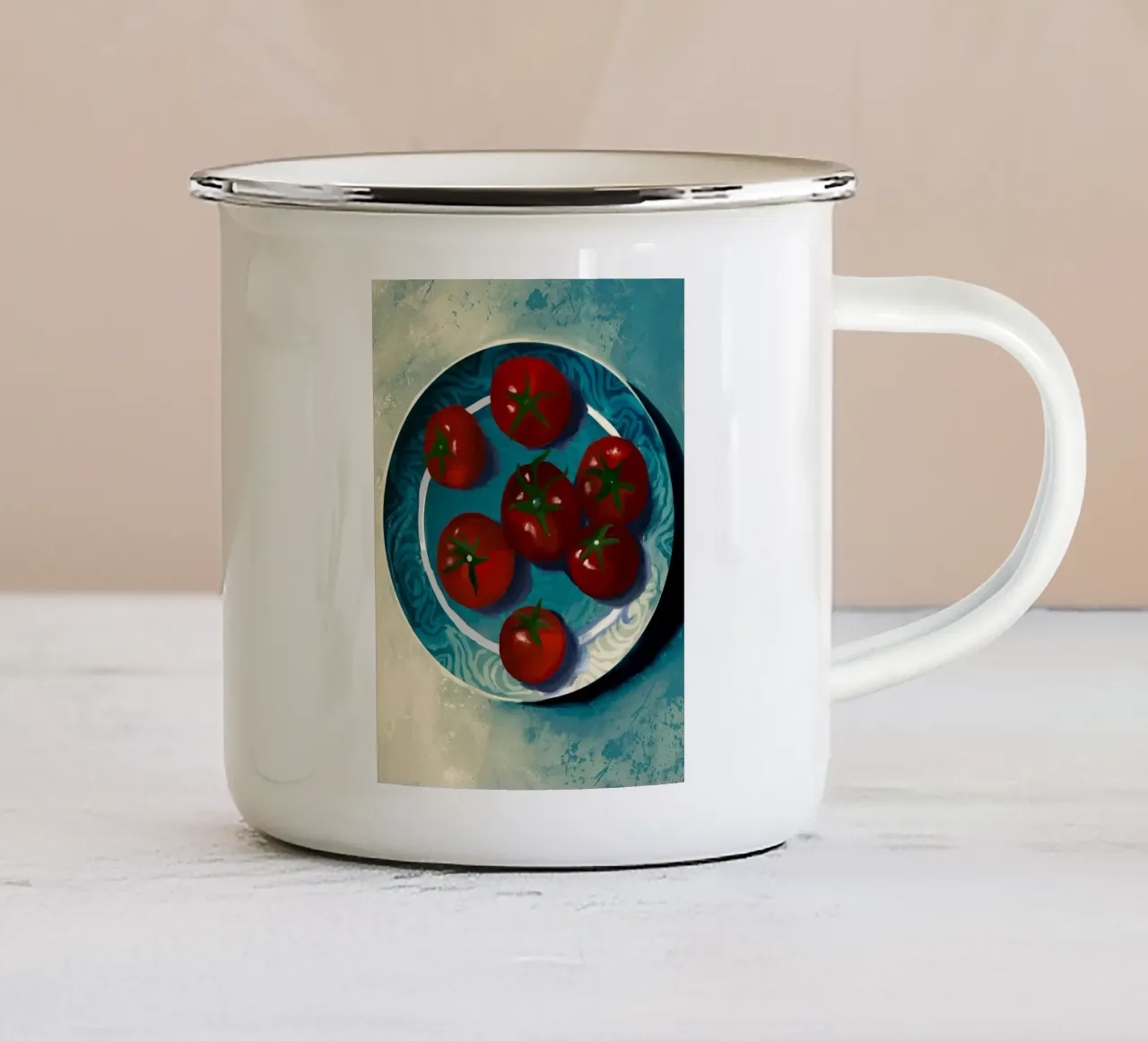 Oil-Painted Tomatoes in a Blue Moroccan Plate Still Life enamel mug by mysteriouscoco