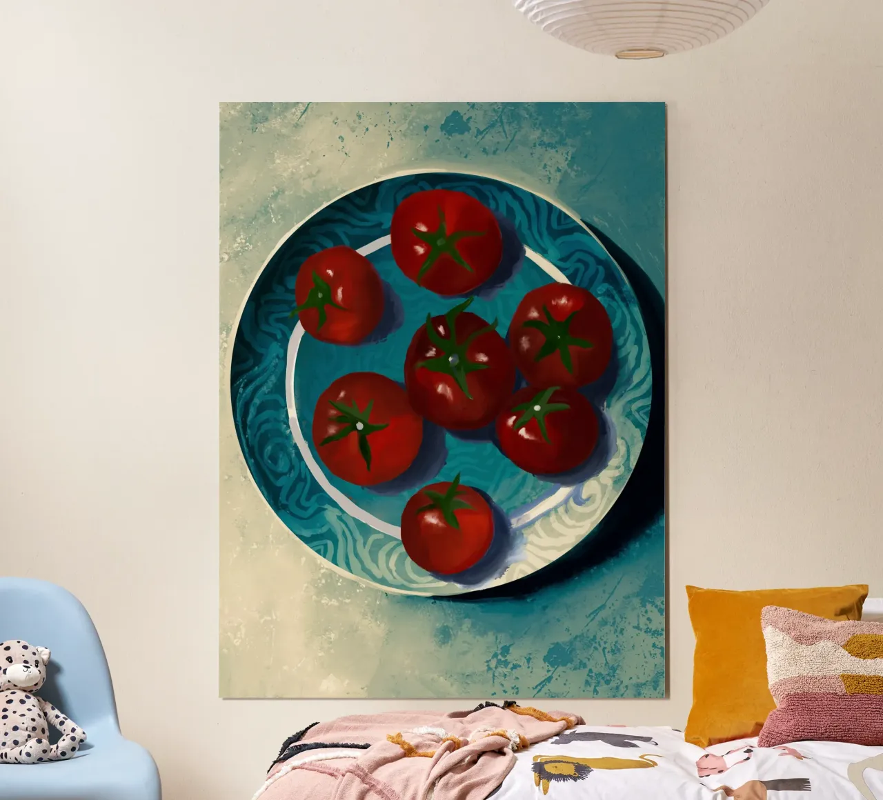 Oil-Painted Tomatoes in a Blue Moroccan Plate Still Life poster with plastic frame by mysteriouscoco