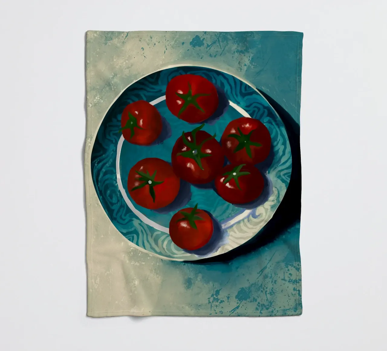 Oil-Painted Tomatoes in a Blue Moroccan Plate Still Life fleece blanket by mysteriouscoco