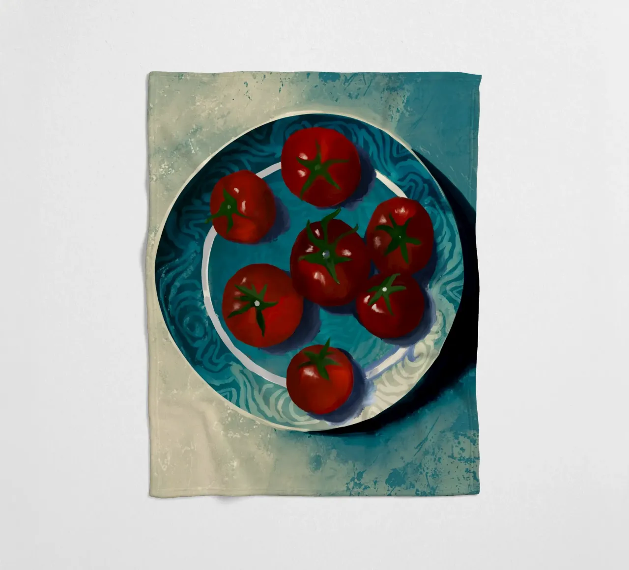 Oil-Painted Tomatoes in a Blue Moroccan Plate Still Life fleece blanket by mysteriouscoco