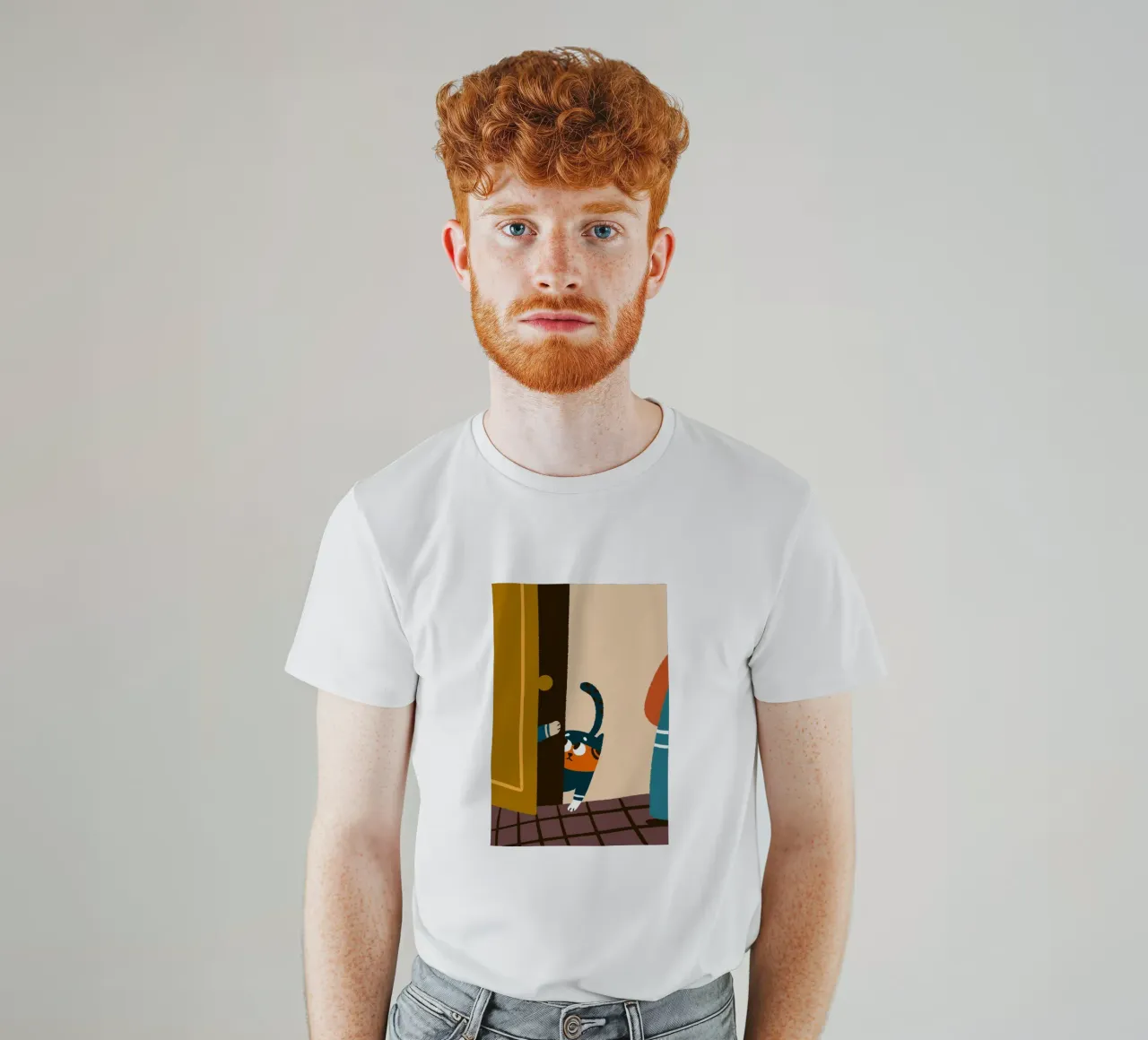 Cat Character at the Door t-shirt by TRENDY POSTER SHOP
