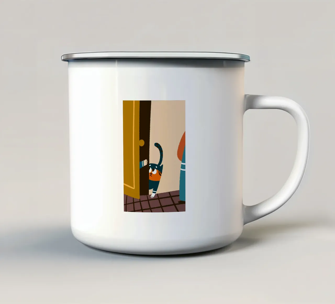 Cat Character at the Door enamel mug by TRENDY POSTER SHOP