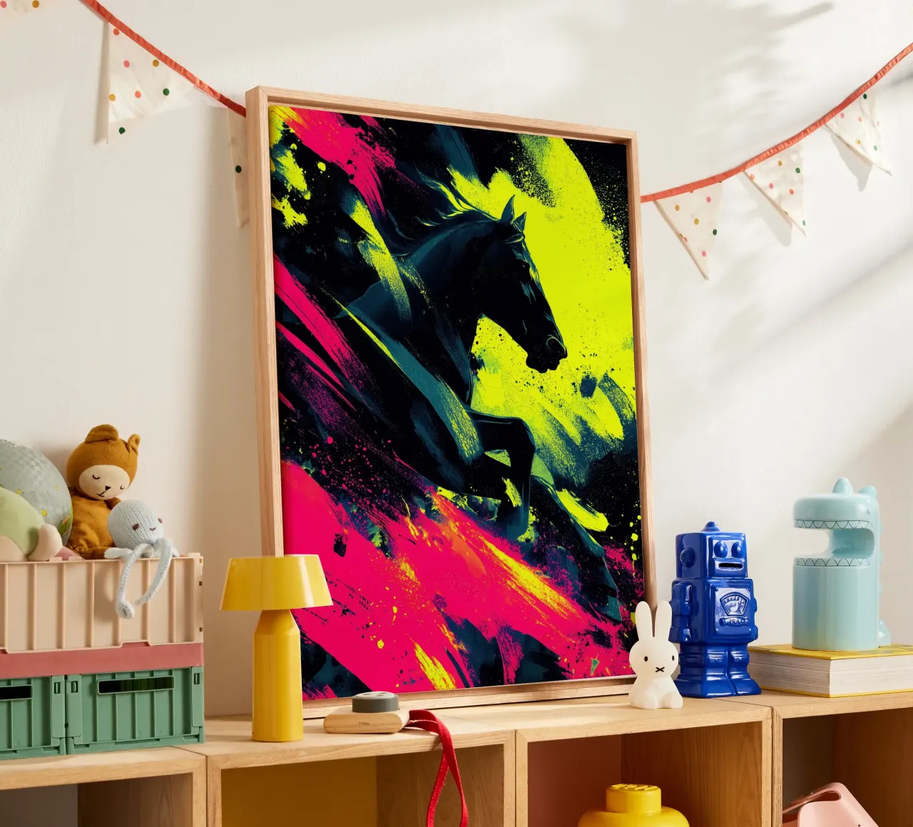 Das fliehende Pferd | Neon Farbsymphonie Leinwand mit Schattenfugenrahmen von Autofocus