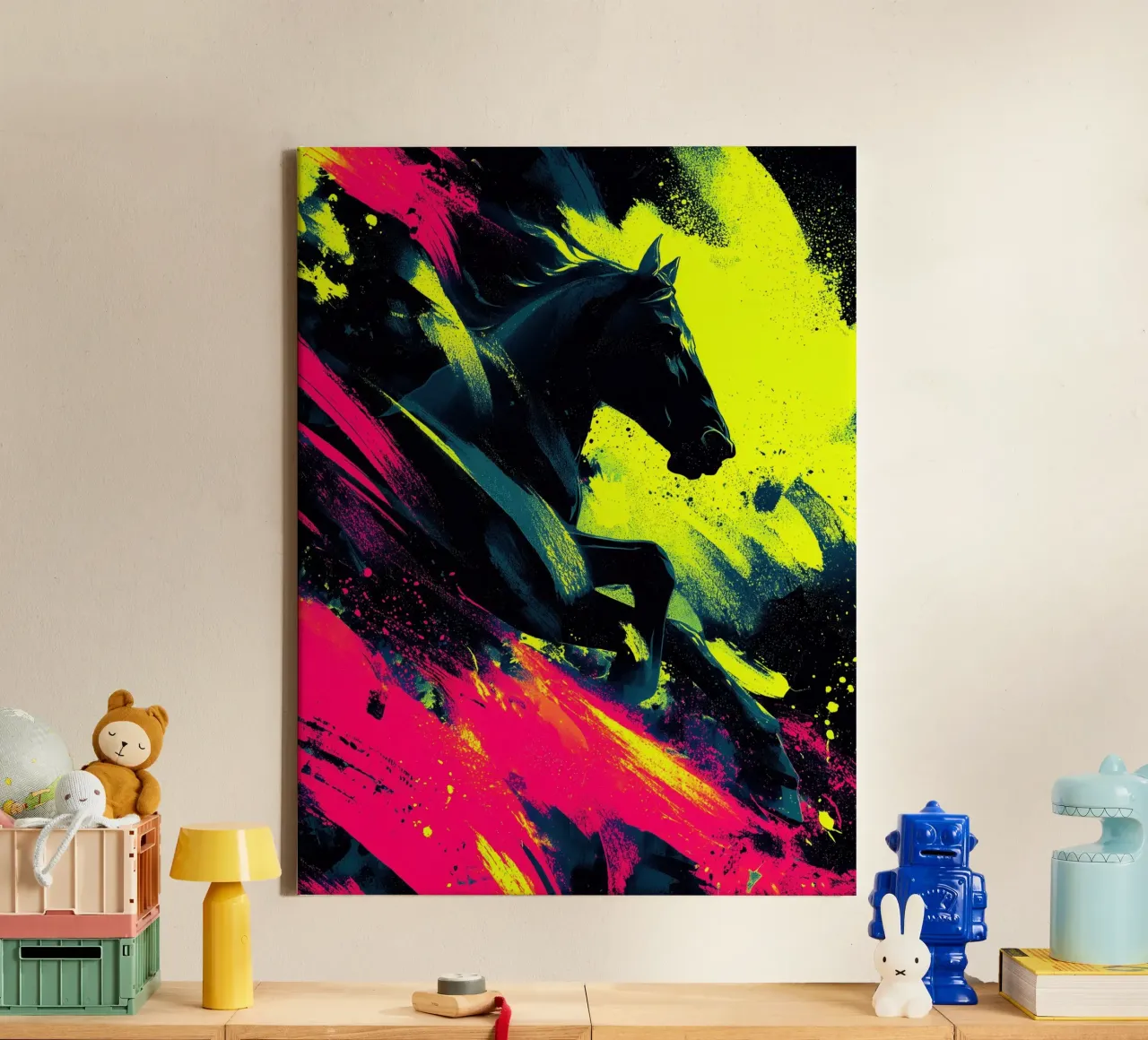 Das fliehende Pferd | Neon Farbsymphonie Leinwand mit Schattenfugenrahmen von Autofocus