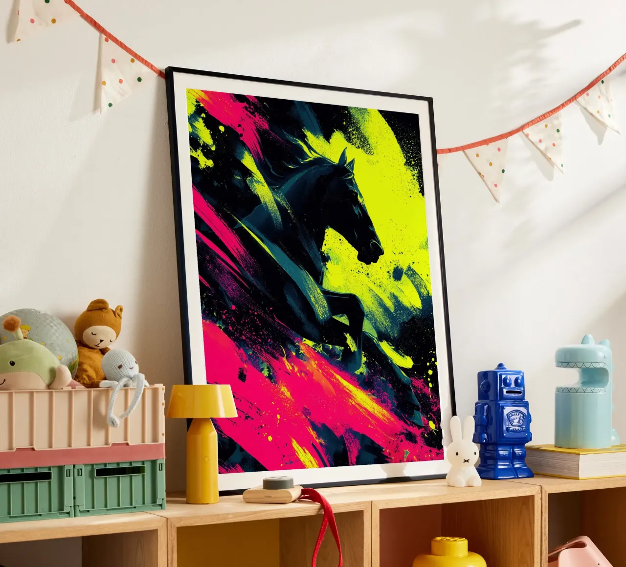 Il cavallo in fuga | Sinfonia di colori al neon poster da Autofocus