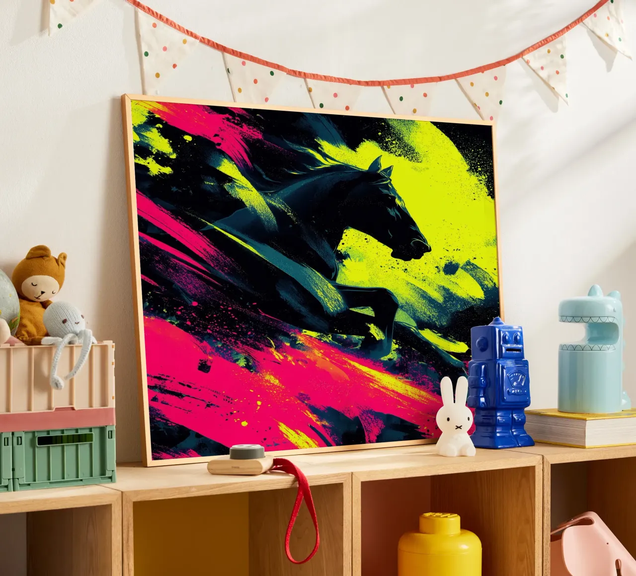 Il cavallo in fuga | Sinfonia di colori al neon poster da Autofocus