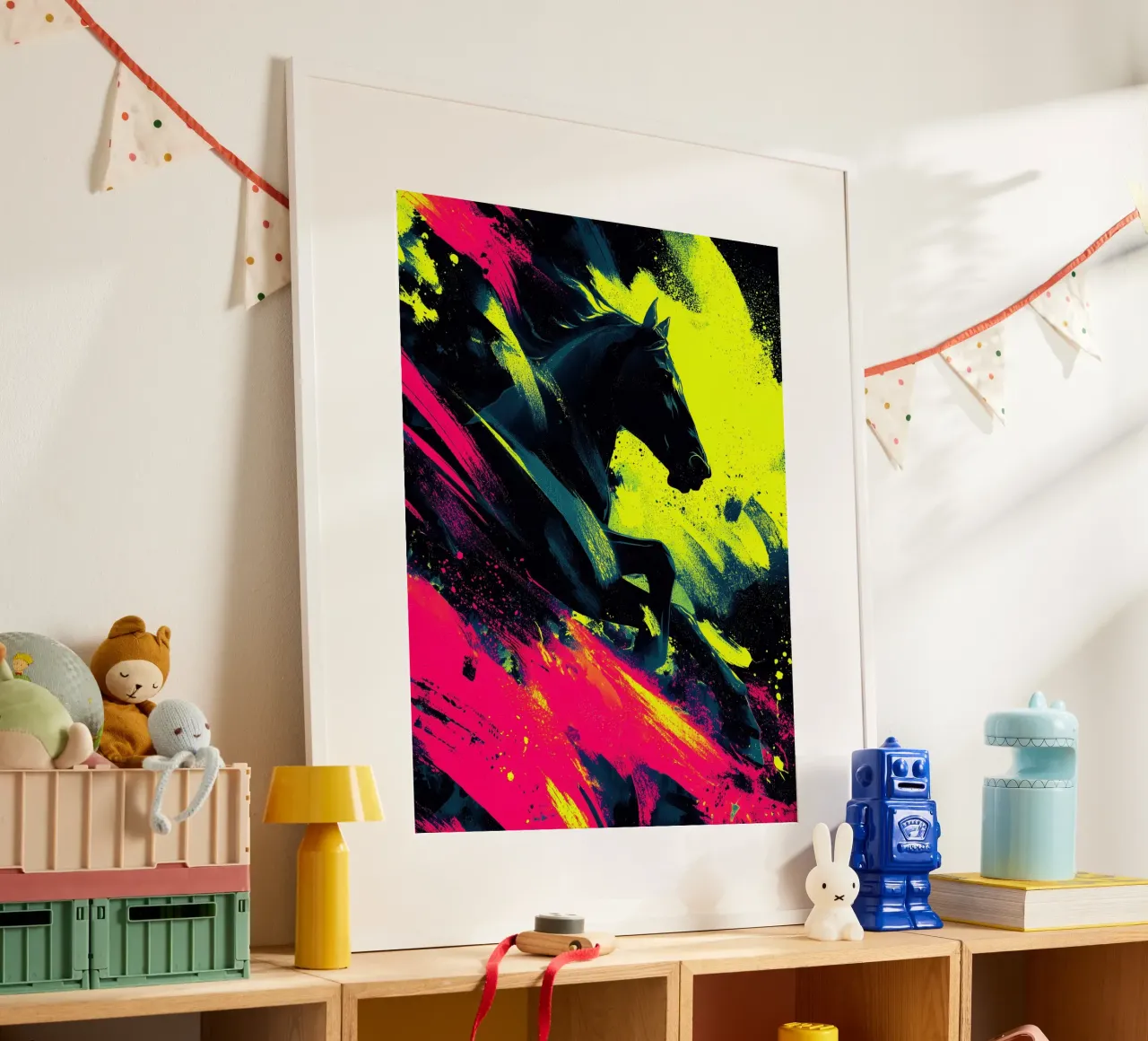 Il cavallo in fuga | Sinfonia di colori al neon poster da Autofocus
